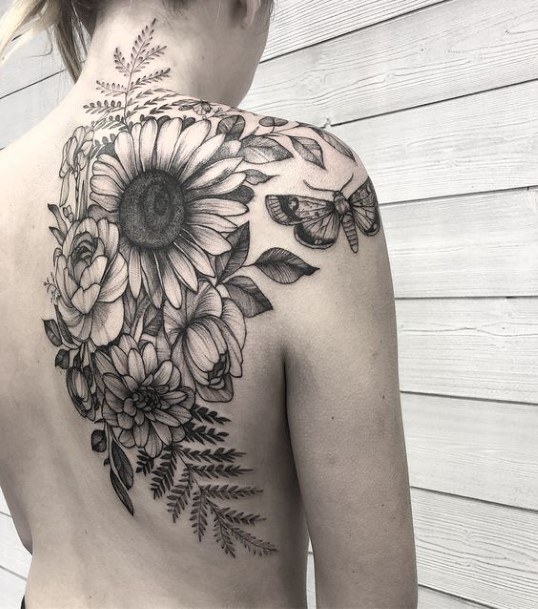 Womens Back Exquisite Flowers Tattoo