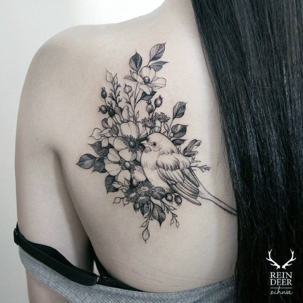 Womens Back Flower Bunch And Bird Tattoo