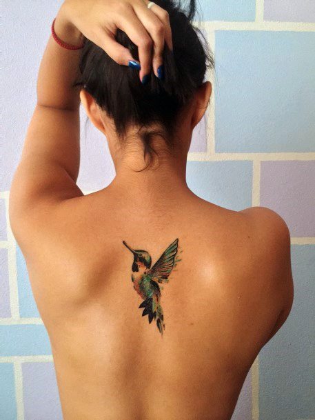 Womens Back Fluttering Hummingbird Tattoo