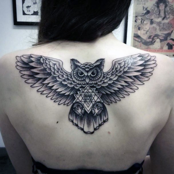 Womens Back Fluttering Winged Owl Tattoo