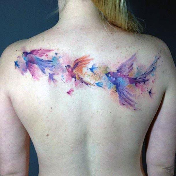 Womens Back Flying Watercolor Birds Tattoo