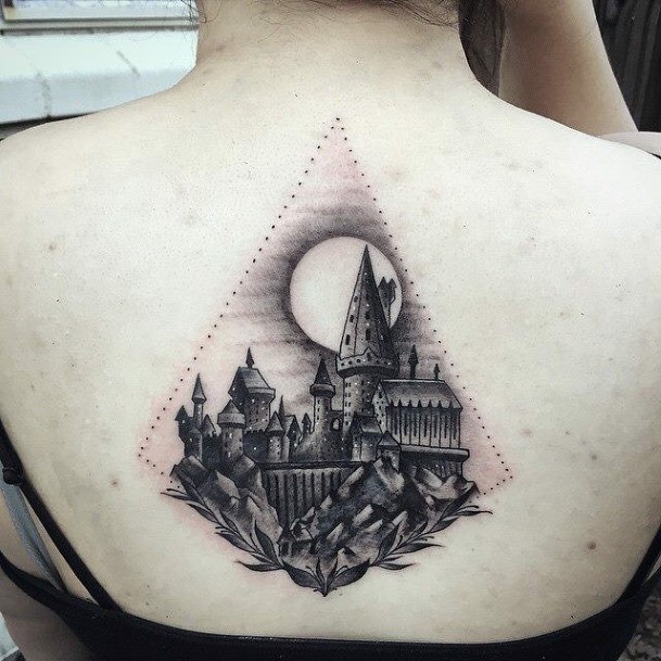 Womens Back Forlorn Castle Full Moon Tattoo