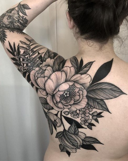 Womens Back Garden Fresh Dark Flowers Tattoo