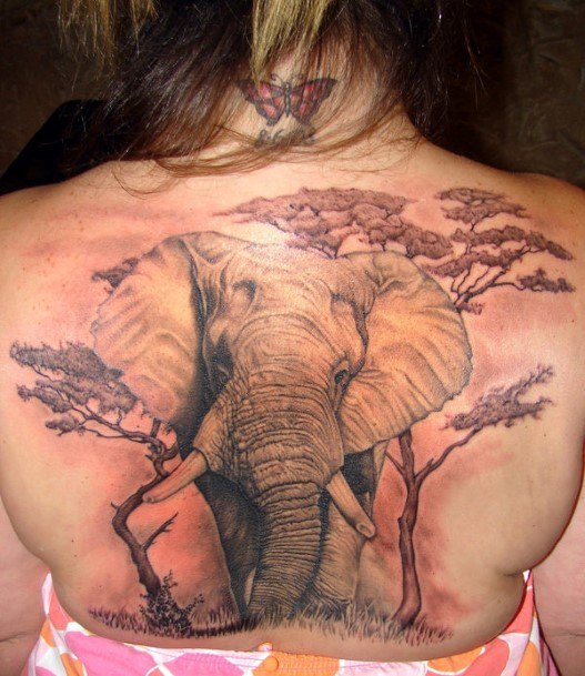 Womens Back Gigantic Elephant In The Back Tattoo