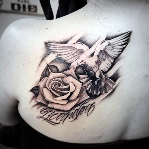 Womens Back Graceful Dove And Rose Tattoo