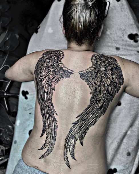 Womens Back Grand Angel Wings Tattoo