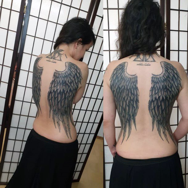 Womens Back Grey Angel Wings Tattoo