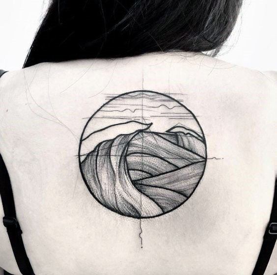 Womens Back Grey Directional Waves Tattoo