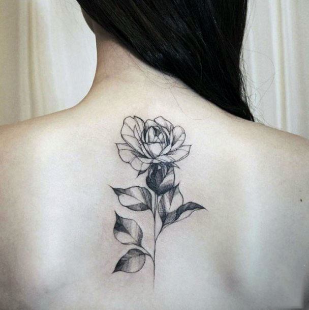 Womens Back Grey Tattoo Spine Flower