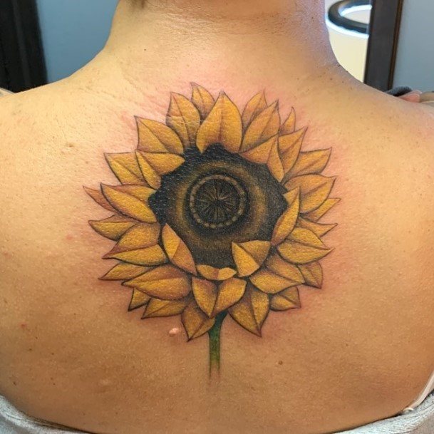 Womens Back Huge Sunflower Tattoo