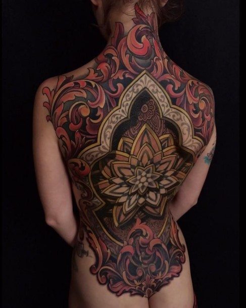 Womens Back Intricate Red And Black Tattoo