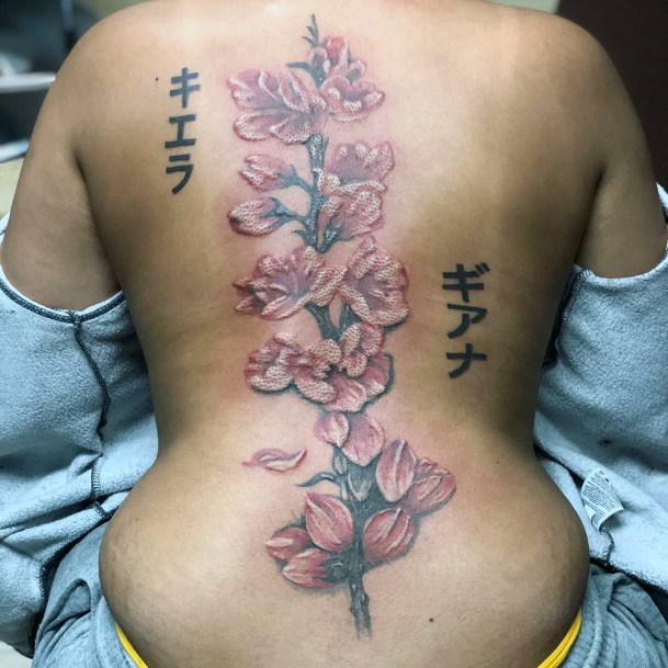 Womens Back Japanese Letters And Cherry Blossom Tattoo