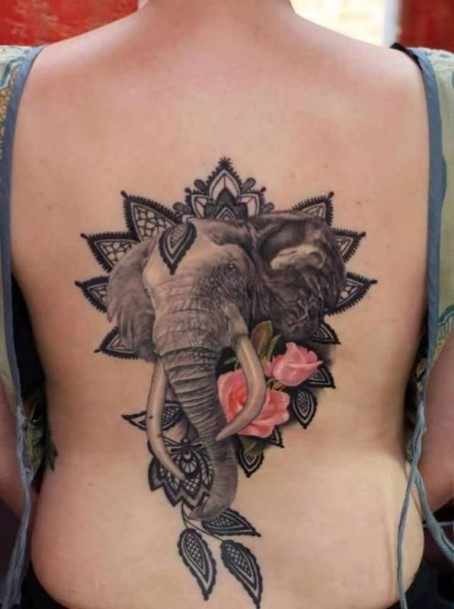 Womens Back Majestic Elephant And Red Flower Tattoo