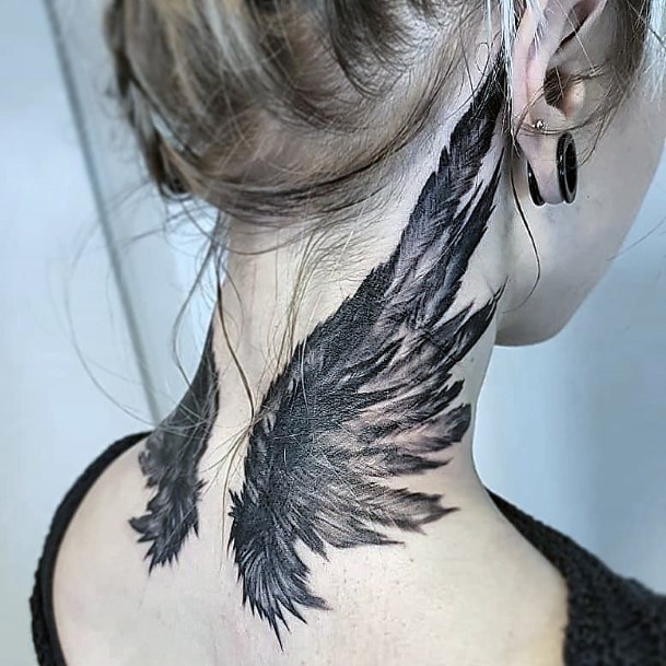 Womens Back Neck Angel Wing Tattoo