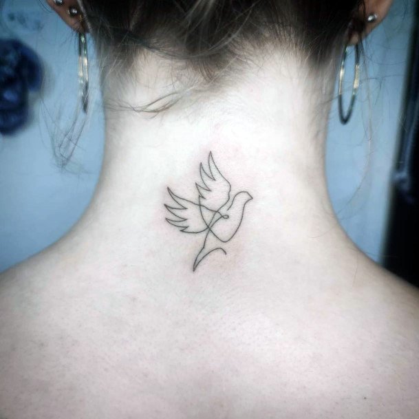 Womens Back Neck Simple Dove Drawing Tattoo