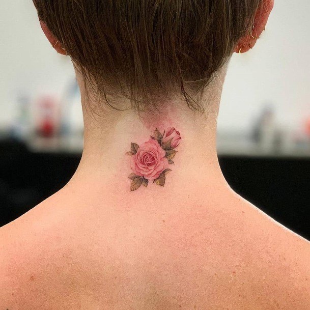 Womens Back Neck Small Pink Roses Tattoo