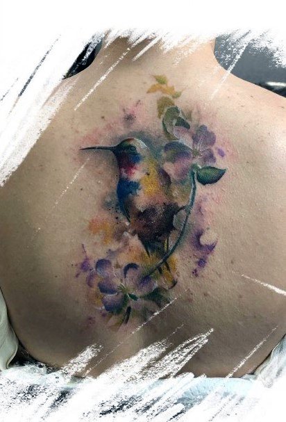 Womens Back Old Painting Tattoo Of Hummingbird Tattoo