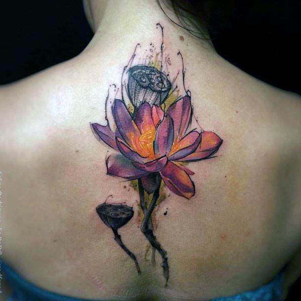 Womens Back Orange Floral Tattoo Spine