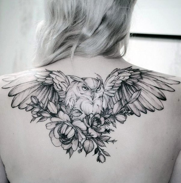 Womens Back Owl With Florals Tattoo