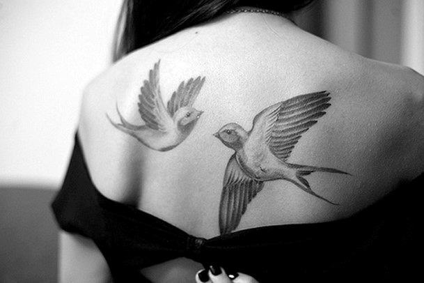 Womens Back Pair Of Doves Tattoo