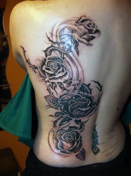 Womens Back Rose And Spread Black Tattoo