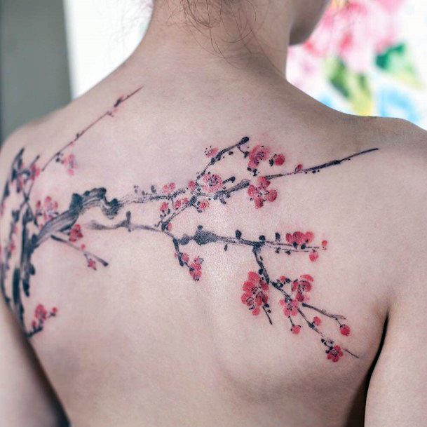 Womens Back Sharp Twigs And Cherry Blossom Tattoo