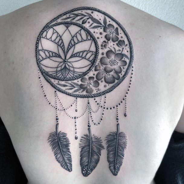 Womens Back Spiral Art Dream Catcher Tattoo