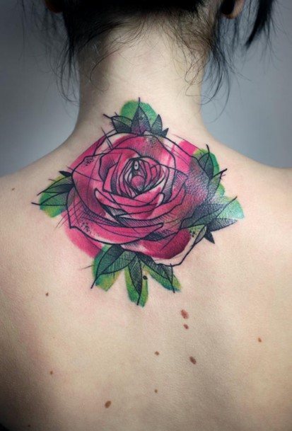 Womens Back Stunning Rose Flower Tattoo