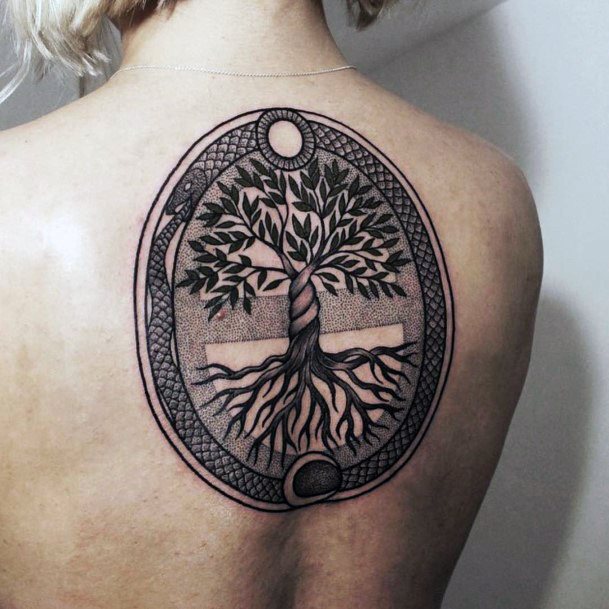 Womens Back Symbolic Round Tree Tattoo