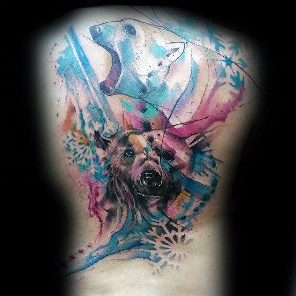 Womens Back Water Color Splash Tattoo Bear