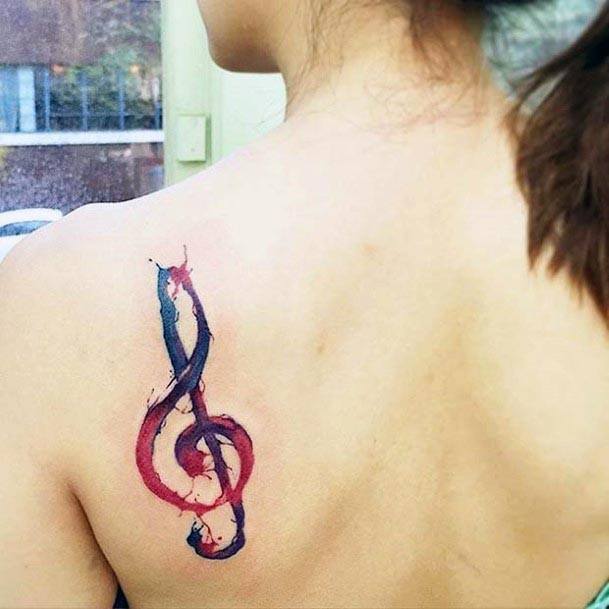 Womens Back Watercolor Music Tattoo