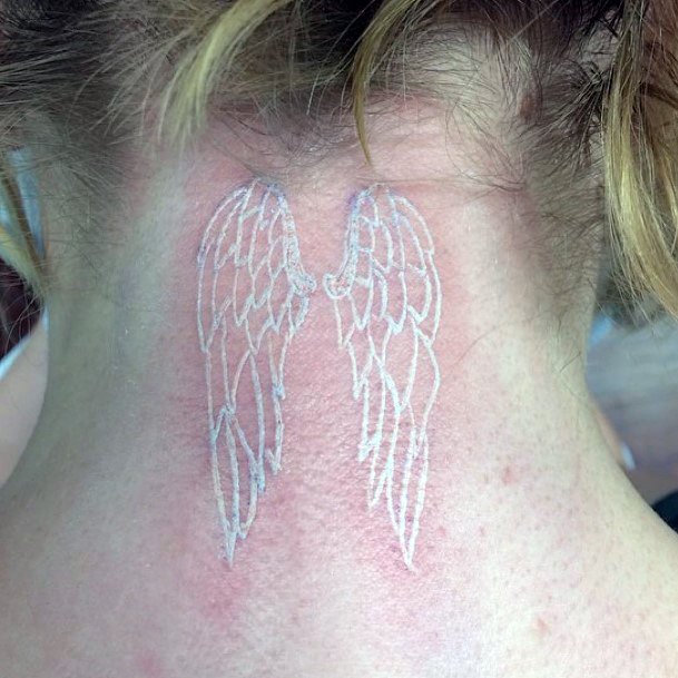 Womens Back White Ink Feather Tattoo Birds