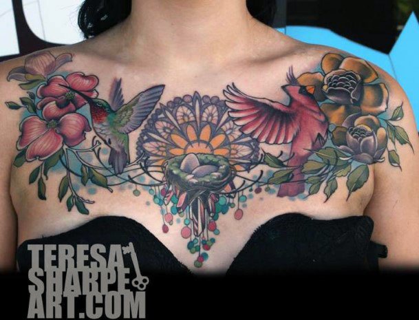 Womens Beautiful Chest Tattoo