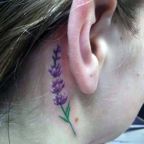 Womens Behind The Ear Amethyst Plant Tattoo