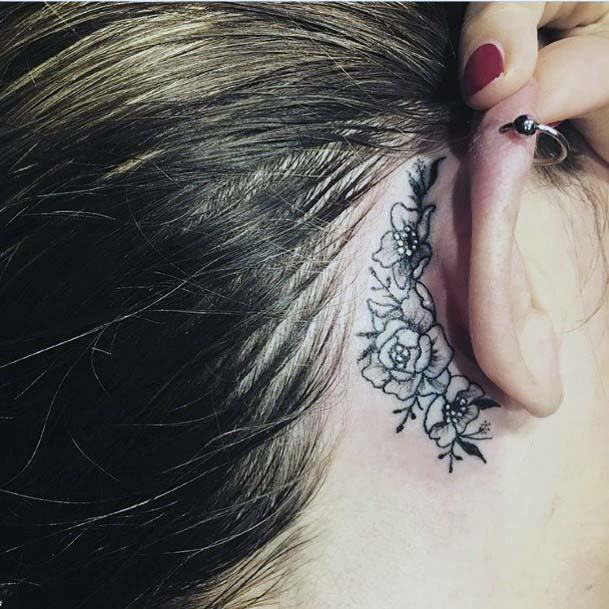 Womens Behind The Ear Black Flower Tattoo