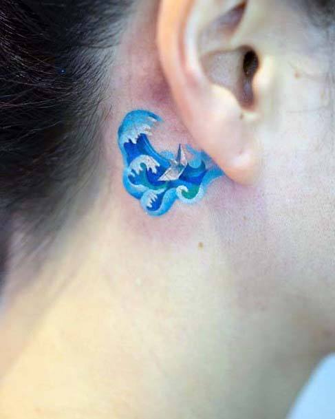 Womens Behind The Ear Blue Sea Waves Tattoo