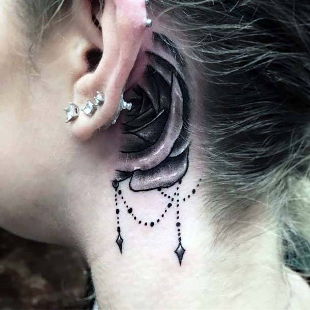 Womens Behind The Ear Chained Rose Tattoo