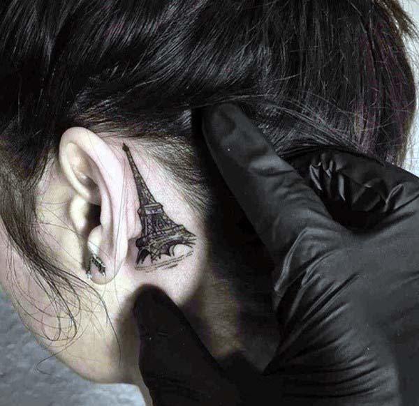 Womens Behind The Ear Eiffel Tower Tattoo