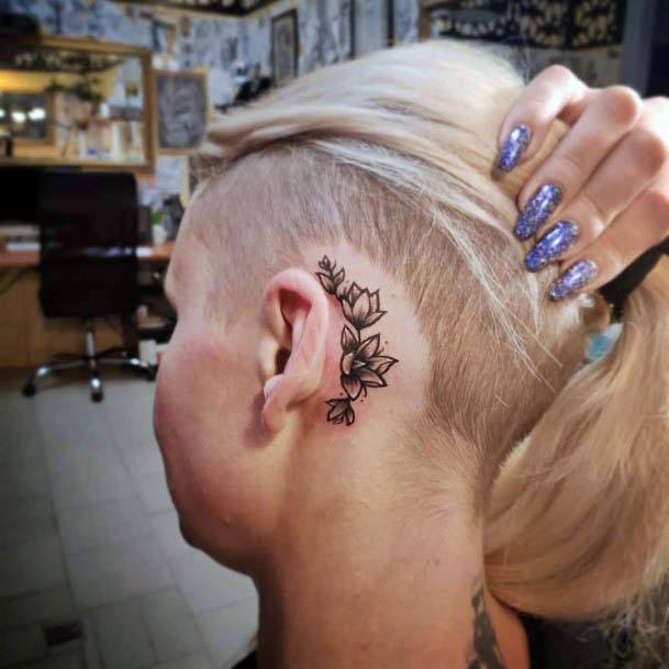 Womens Behind The Ear Floral Tattoo