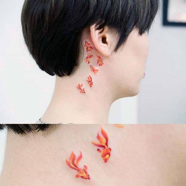 Womens Behind The Ear Gold Fish Tattoo