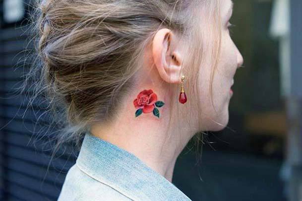 Womens Behind The Ear Rose Red Tattoo With Leaf