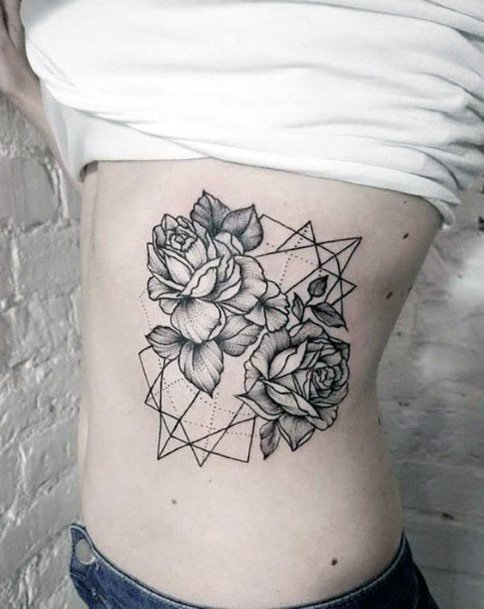 Womens Black And Grey Roses Geometric Tattoo Torso