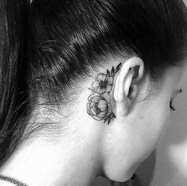 Womens Black And Greyish Flower Tattoo Behind The Ear