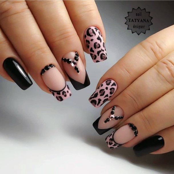 Womens Black And Pink Leopard Nails