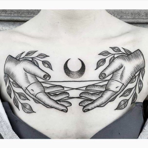 Womens Black And White Chest Tattoo