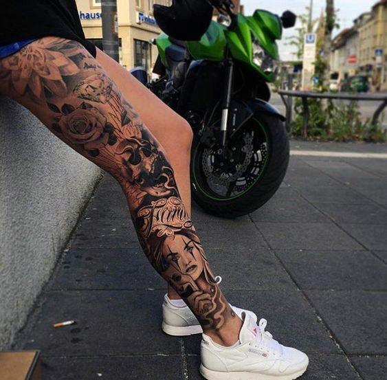 Womens Black Art Tattoo Leg