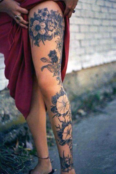 Womens Black Blooms Tattoo Legs