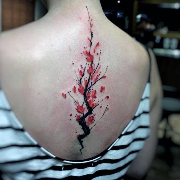 Womens Black Branch And Pink Tattoo Spine
