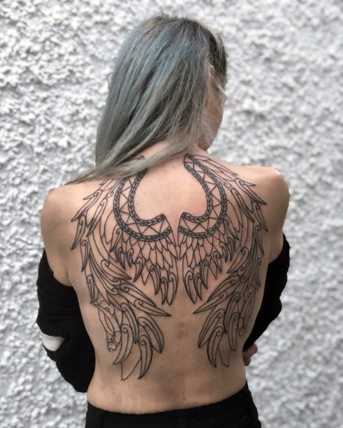 Womens Black Drawing Angel Wings Tattoo Back Design