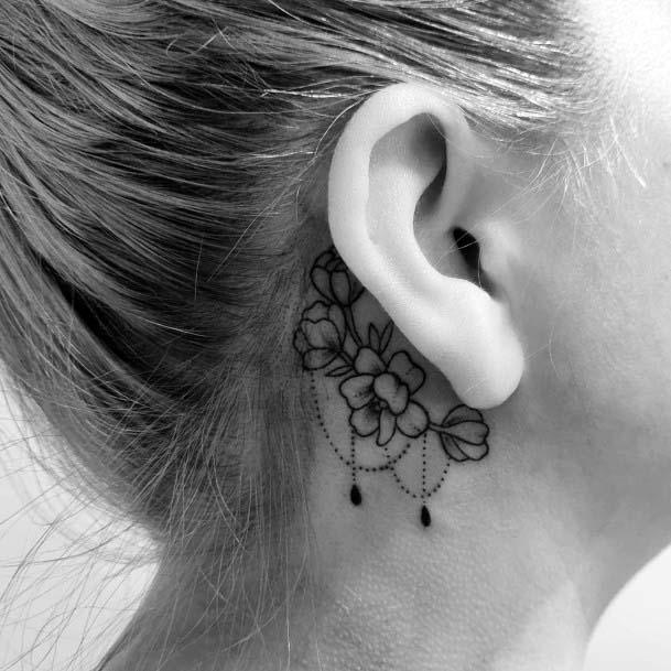 Womens Black Floral Art Tattoo Behind The Ears